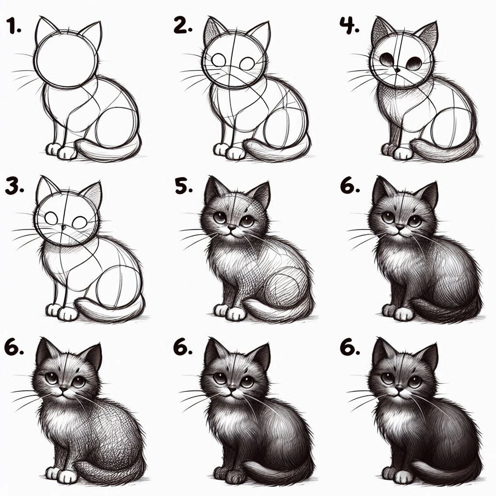 An easy to steps on how to draw infographic showing how to draw a cat, from line drawing to final shading.